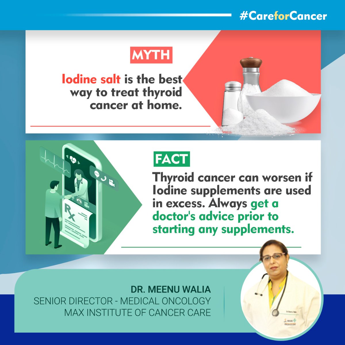 DrMeenuWalia1's tweet photo. Staying informed on a disease is the first step to fighting it. This Thyroid cancer awareness month, let us bust some myths surrounding the disease!
#CareforCancer #DrMeenuWalia #cancerawareness #cancerspecialist #thyroidcancer #thyroidcancerawareness #Myth_Vs_Fact https://t.co/I6G8ZAazDb