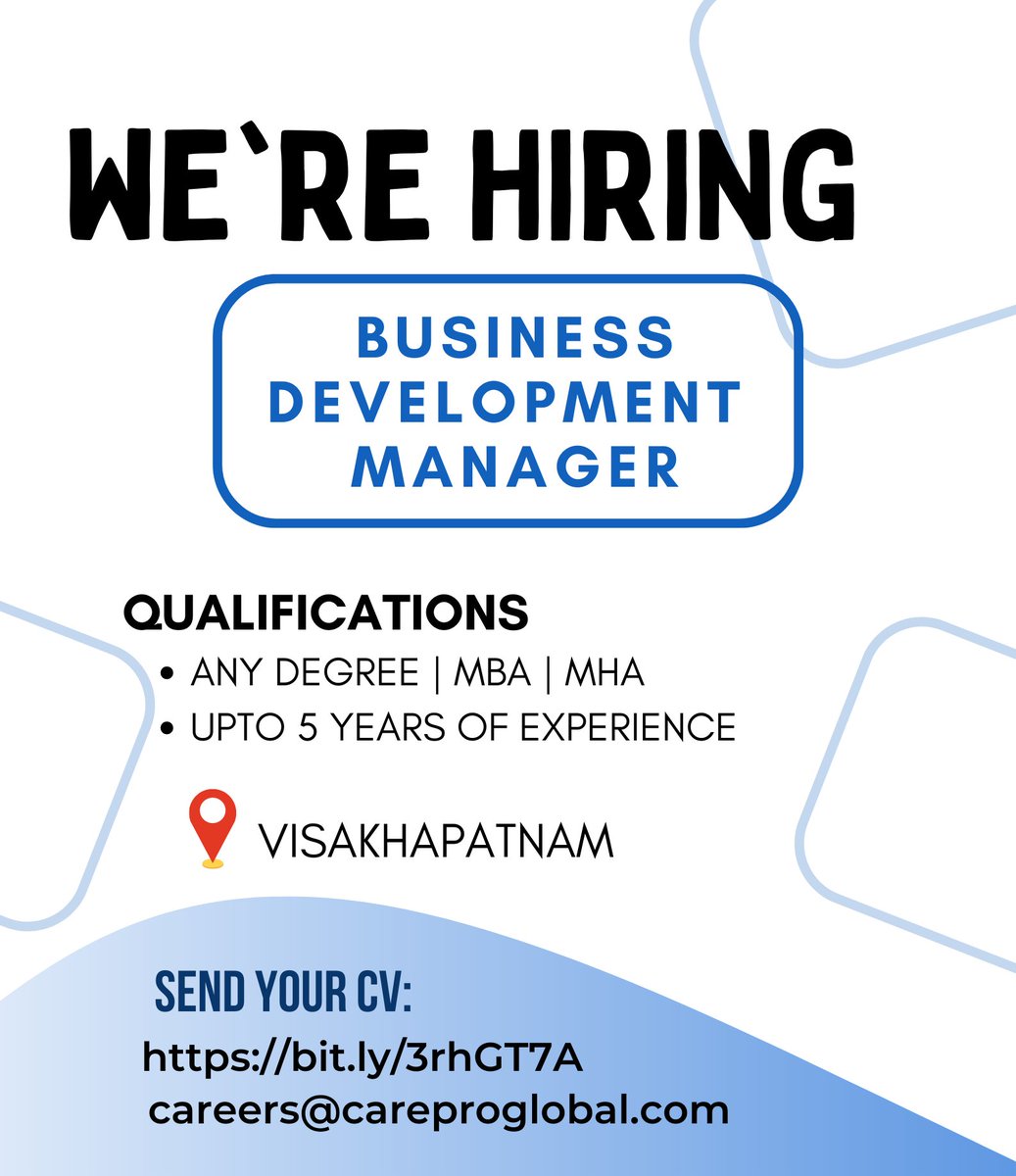CarePro_Global's tweet photo. Hiring Business development manager in visakhapatnam. interest candidates send your CV in the below link.
https://t.co/PQxwKneh7l 
mail : careers@careproglobal.com https://t.co/CBAYrCqByL