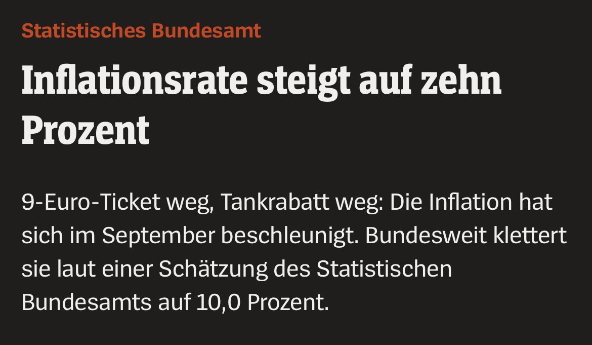 CWRoehl's tweet photo. Bundesbankpräsident Nagel hatte es vor sechs Wochen angekündigt, jetzt ist es amtlich: 10% #Inflation (= YoY Anstieg des Verbraucherpreis-Index).
Zweistellige Teuerungsraten hatten wir in der BRD zuletzt 1951. https://t.co/xx6AHTRxEl