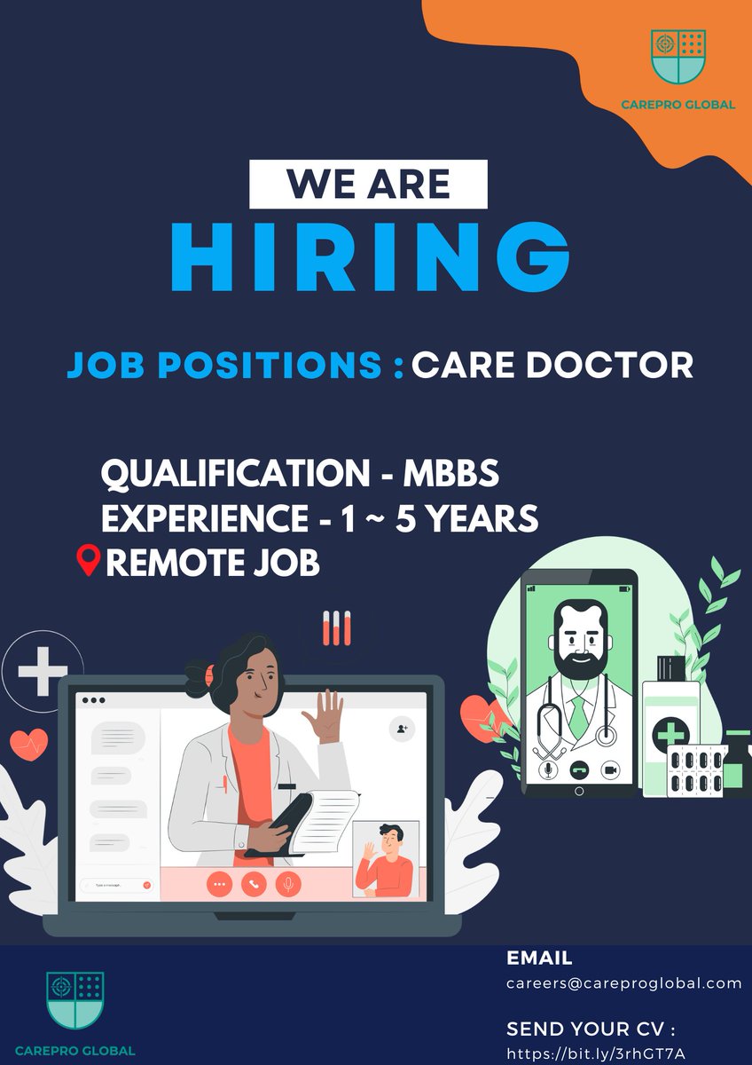CarePro_Global's tweet photo. hiring Care Doctor for remote job. Interested candidates can send there CV in the mentioned link. https://t.co/PQxwKneh7l
mail : careers@careproglobal.com 
#care_doctor #doctorjobs #doctorjob #jobsearch #jobopportunity #remotework #carespecialist #jobseekers https://t.co/EQD7XONKMR