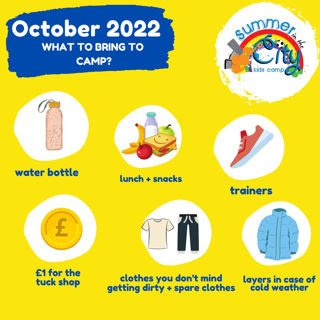 🚨 October Camp is fast approaching 🚨

Some helpful things that our campers should have with them. 

All bookings are done through our website but feel free to get in touch with us if you have any questions: 

📧 info@summer-in-the-city.co.uk

<a href="/Jordanhill_News/">Jordanhill, Glasgow</a> 
<a href="/GlasgowWEToday/">Glasgow West End Today</a>