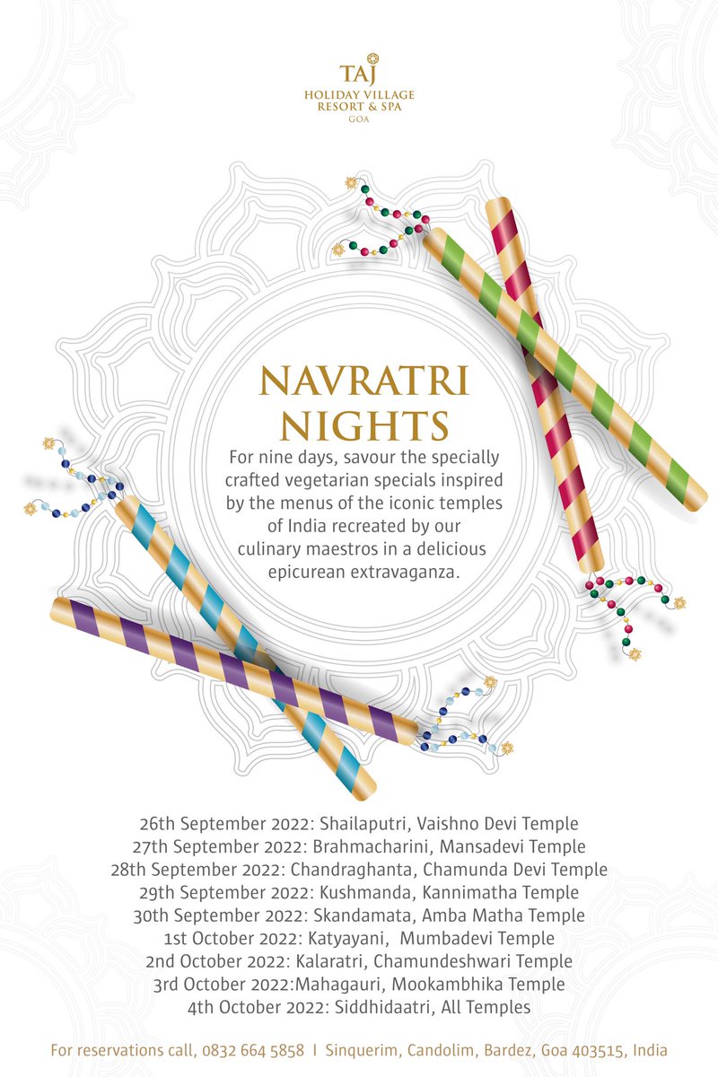 For nine days, savour the specially
crafted vegetarian specials inspired
by the menus of the iconic temples
of India recreated by our culinary maestros in a delicious epicurean extravaganza.

#TajHotels #TajHolidayVillage #Navratri #Celebrations