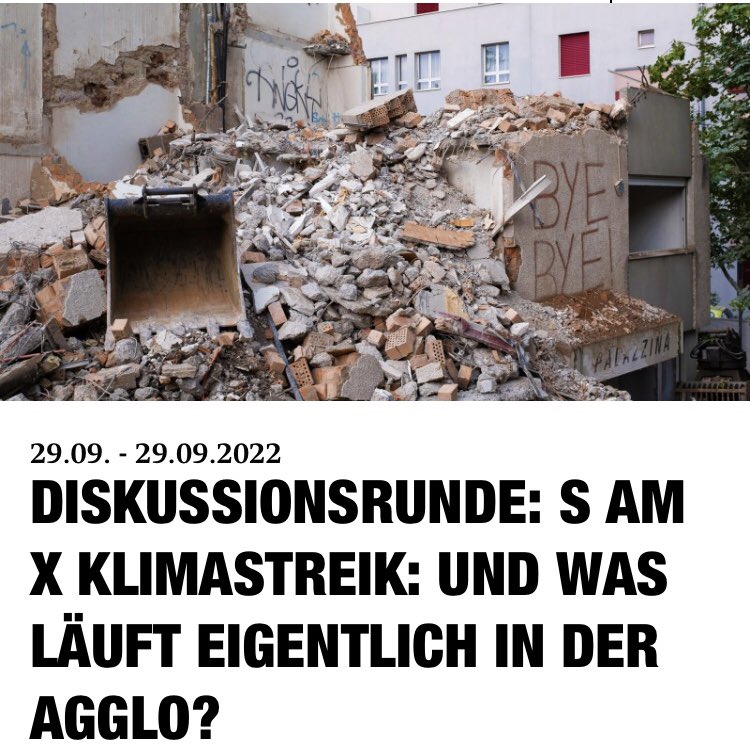Heute Donnerstag, 29.09.2021 um 18:30 Uhr 

DISKUSSIONSRUNDE: S AM X KLIMASTREIK: UND WAS LÄUFT EIGENTLICH IN DER AGGLO?

Wenn es um zukunftsfähiges Bauen geht, denken wir automatisch an die grossen Städte.

<a href="/klimastreik/">Klimastreik Schweiz 🔥 #ClimateJusticeNow</a> <a href="/KlimastreikBS/">Klimastreik Basel - #NEINtunnel</a> 

sam-basel.org/de/veranstaltu…