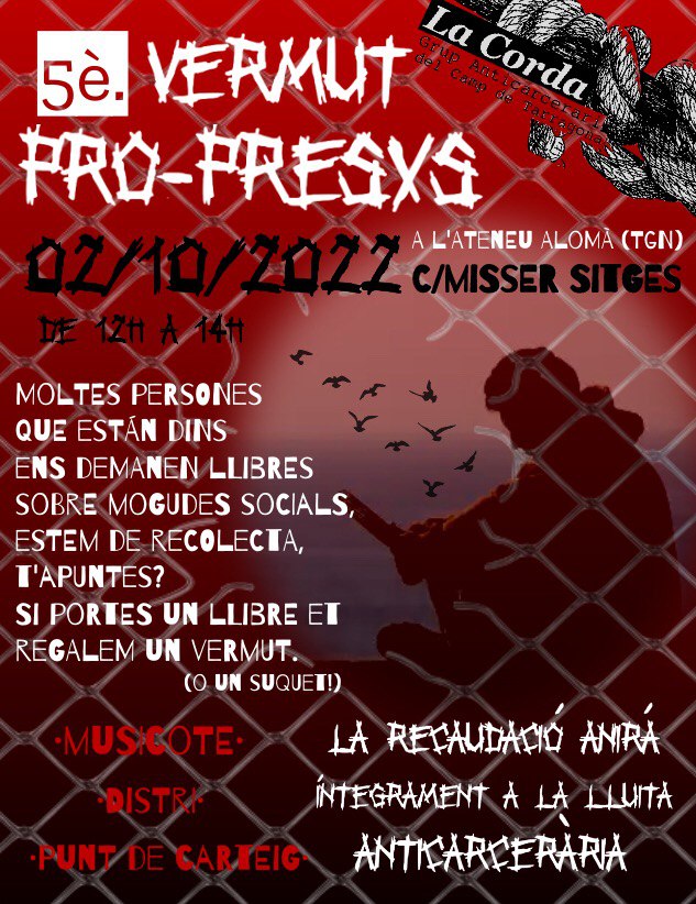 👉RECORDA! Aquest diumenge vermut pro-presxs, de 12'00 a 14'00, a l'Ateneu Llibertari Alomà de Tarragona!