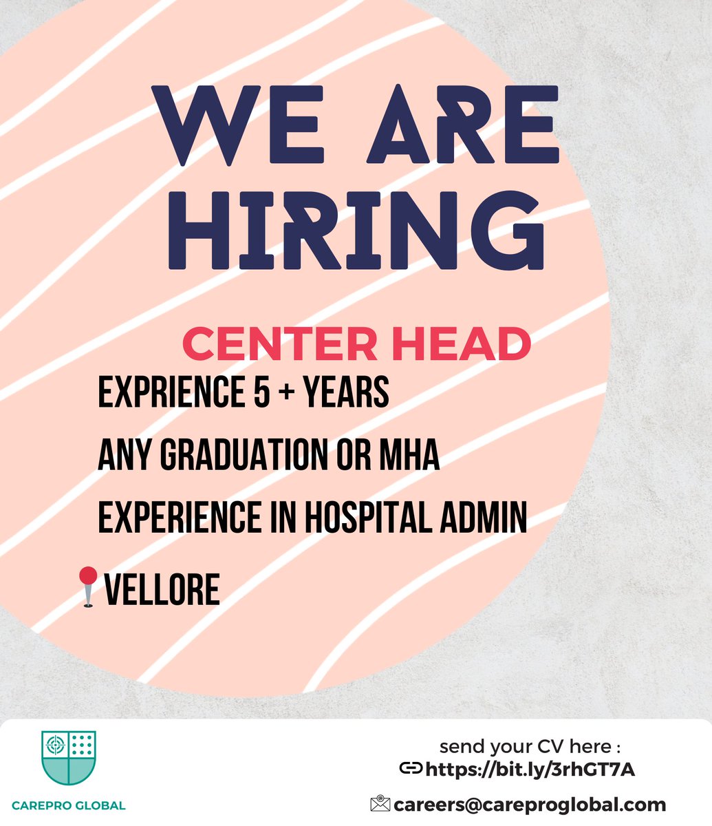 CarePro_Global's tweet photo. Looking for Center Head in Vellore location. Eligible candidates can share their CV in the mentioned link. 
https://t.co/PQxwKneh7l
#JobSearch #career #job #indianjobs #careergoals #Vellore #vellorecity #jobopportunity #hiring #work https://t.co/kUHdpqDlC1