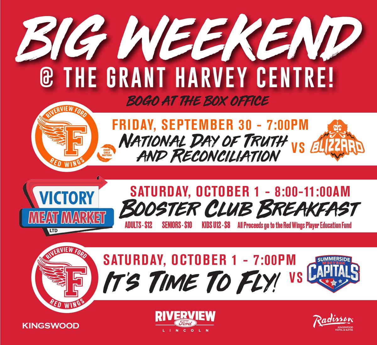 lightchaleur's tweet image. ⚠️BIG WEEKEND WARNING⚠️

This weekend is a big weekend at the Grant Harvey Centre!
2 Big Games, a Big Breakfast AND it's a Big BOGO Weekend at the Box Office!

Come out and enjoy all the action and also support the Player Education Fund!

#TimeToFly