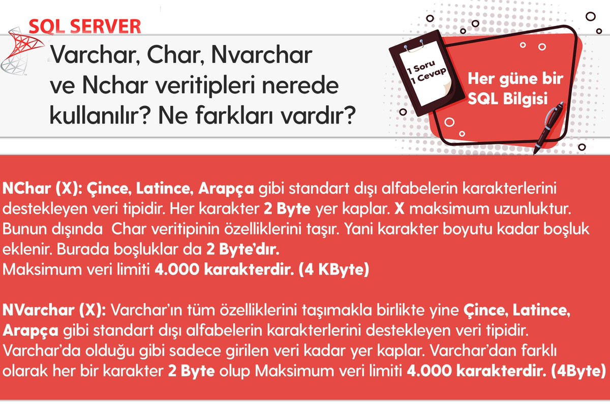 Varchar, Char, Nvarchar ve Nchar veritipleri nerede kullanılır? Ne farkları vardır?

#hergüne1sqlbilgisi