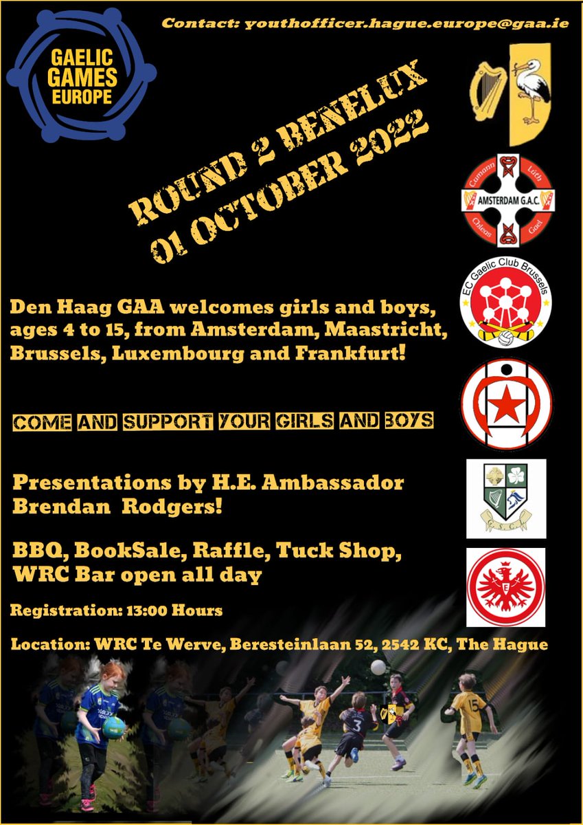 denhaaggaa's tweet photo. Welcome along to 2nd Benelux Youth tournament on Saturday @AmsterdamGAC @BelgiumGAA @FrankfurtGAA @GGE_Youth @MaastrichtGaels @LuxembourgGAA @IrelandinNL @INBA_Live @GaelicGamesEuro @Ocaseysirishpub @GemeenteDenHaag @irishclubN @CityOfTheHague https://t.co/l5logCAWN7