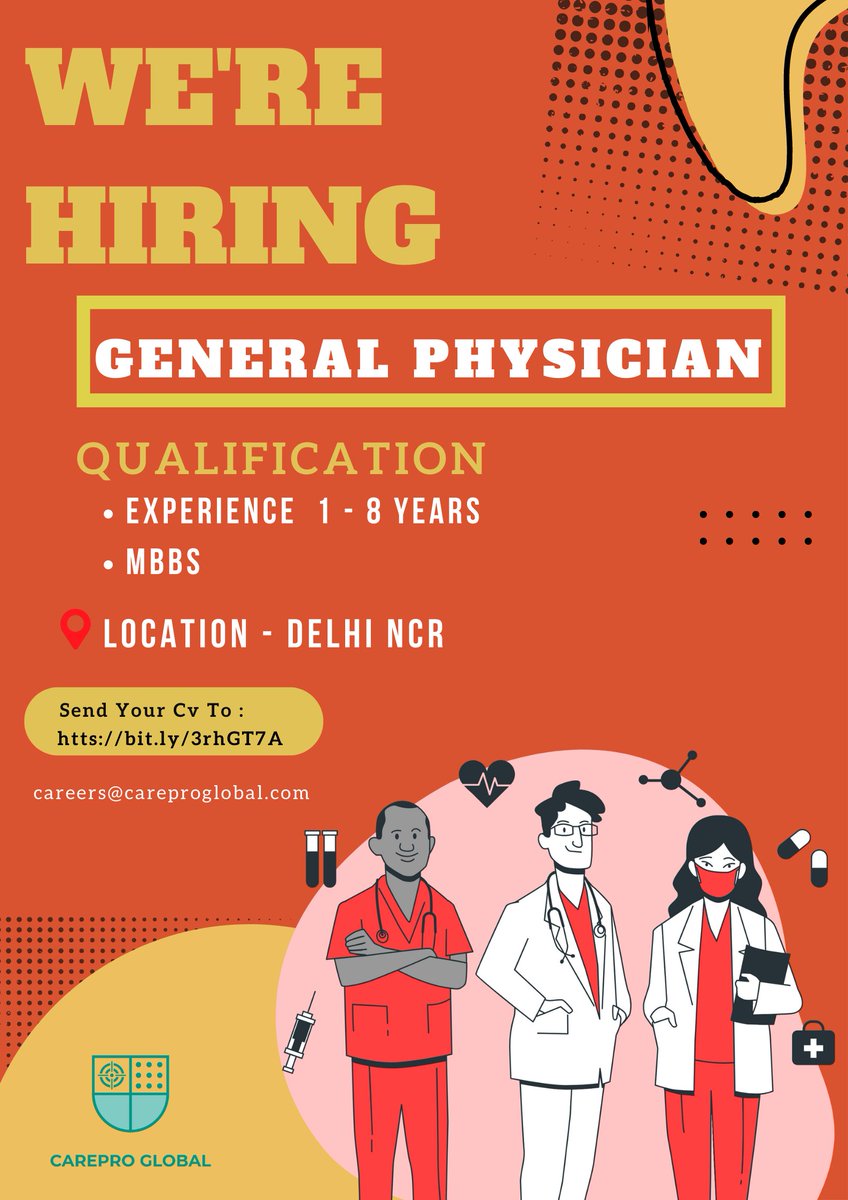 CarePro_Global's tweet photo. looking for experienced General physician for Delhi location. Interested candidates can share the cv on the link mentioned below :https://t.co/PQxwKneh7l
#physician #physiciansforhumanrights #physicianlife #hiring2022 #hiring #career #medical #delhi #job #JobSearch #MBBS https://t.co/45nLWT0kcd