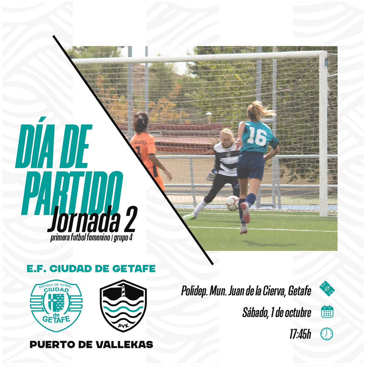 PuertoVK's tweet photo. ⚽️ ¡Este sábado jugamos!

⏰ 17:45 horas

🏟 Polideportivo Municipal Juan de la Cierva 

➡️ VS. Ciudad de Getafe B

¡Seguimos! 

#NuestraUtopía #PuertodeVallekas #PVK https://t.co/c97Bi9bex6