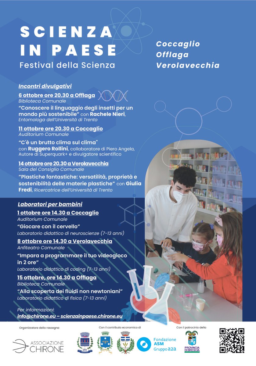 Chirone_aps's tweet photo. Pronti a partire con "Scienza in Paese", il festival di Chirone sostenuto da Fondazione ASM e i Comuni di #Coccaglio, #Verolavecchia e #Offlaga con il patrocinio della @prov_bs https://t.co/HZ3jAaRwzW