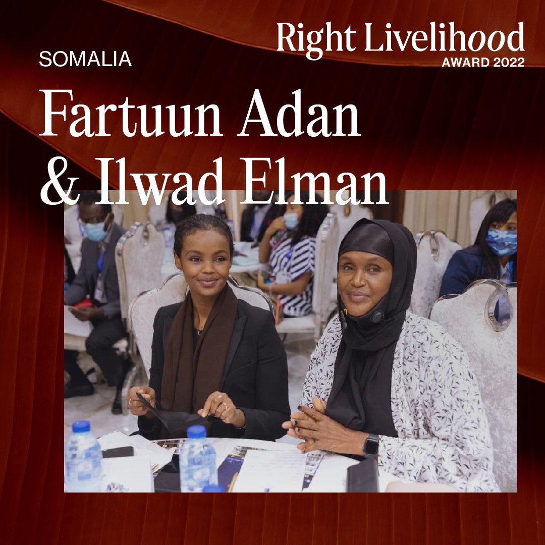 🇸🇴 Human rights defenders Fartuun Adan &amp; <a href="/IlwadElman/">Ilwad Elman</a> receive the 2022 #RightLivelihood Award “for promoting peace, demilitarisation and human rights in #Somalia in the face of terrorism and gender-based violence.”

Read their story ➡️ rightlivelihood.org/2022-announcem…
