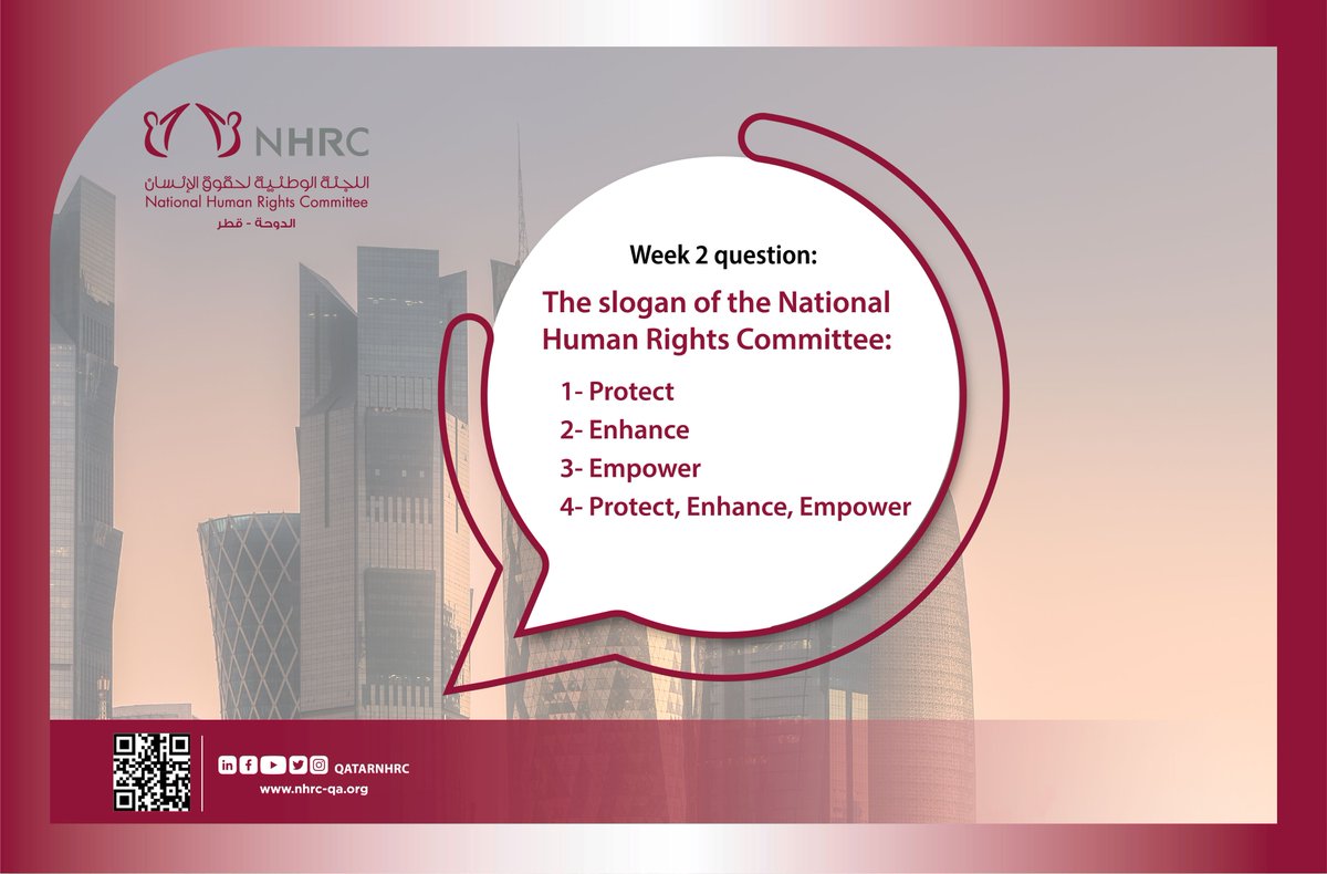 Week 2 Question of the social media competition by NHRC on the occasion of the 20th Anniversary.
Participate for the chance to win a voucher of QR5,000 from Virgin. To enter the draw:
1- Write the number for the correct answer
2- Follow @qatarnhrc
3- Mention two friends