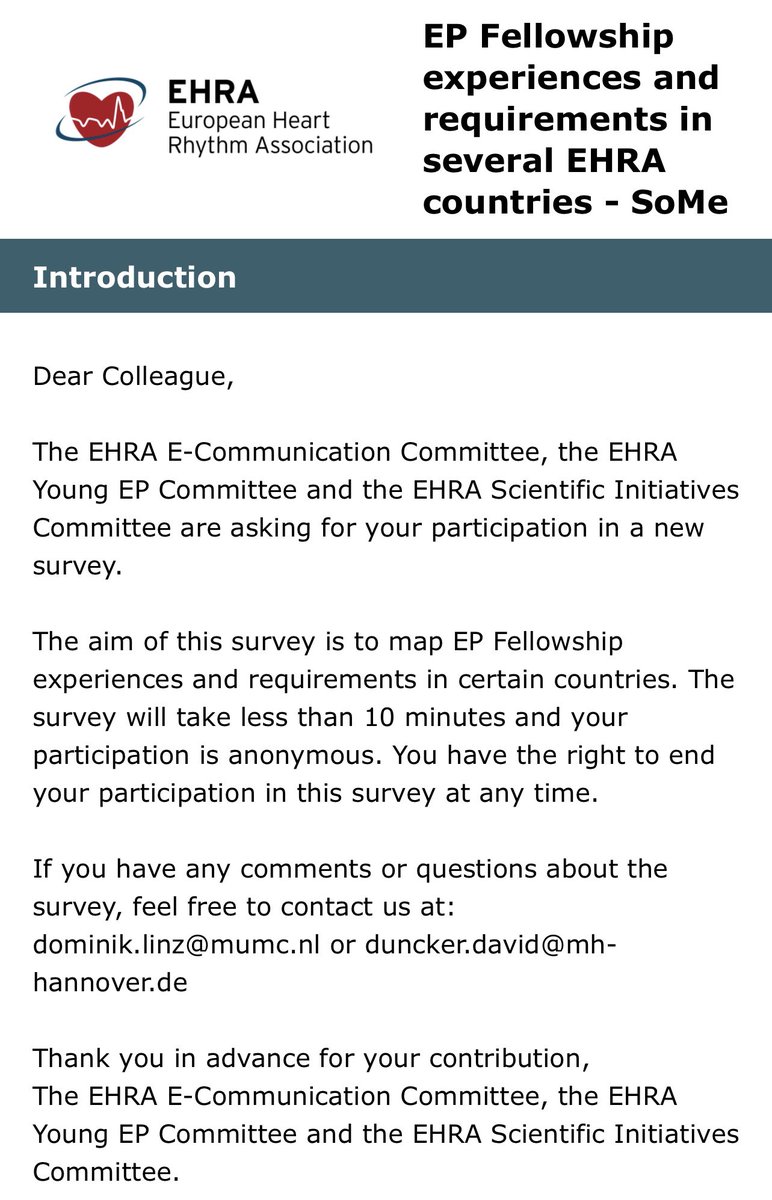 #DGKHerztage #EPeeps #RT Help us to map and improve #Fellowship experiences and requirements by completing this #EHRA_ESC #survey! It will take less than 10 min 🙏 👉🏻 surveymonkey.com/r/Fellowship_S… @escardio @EHRAPresident @DavidDuncker @RodrigueGarcia4 @DGK_org @YoungDgk
