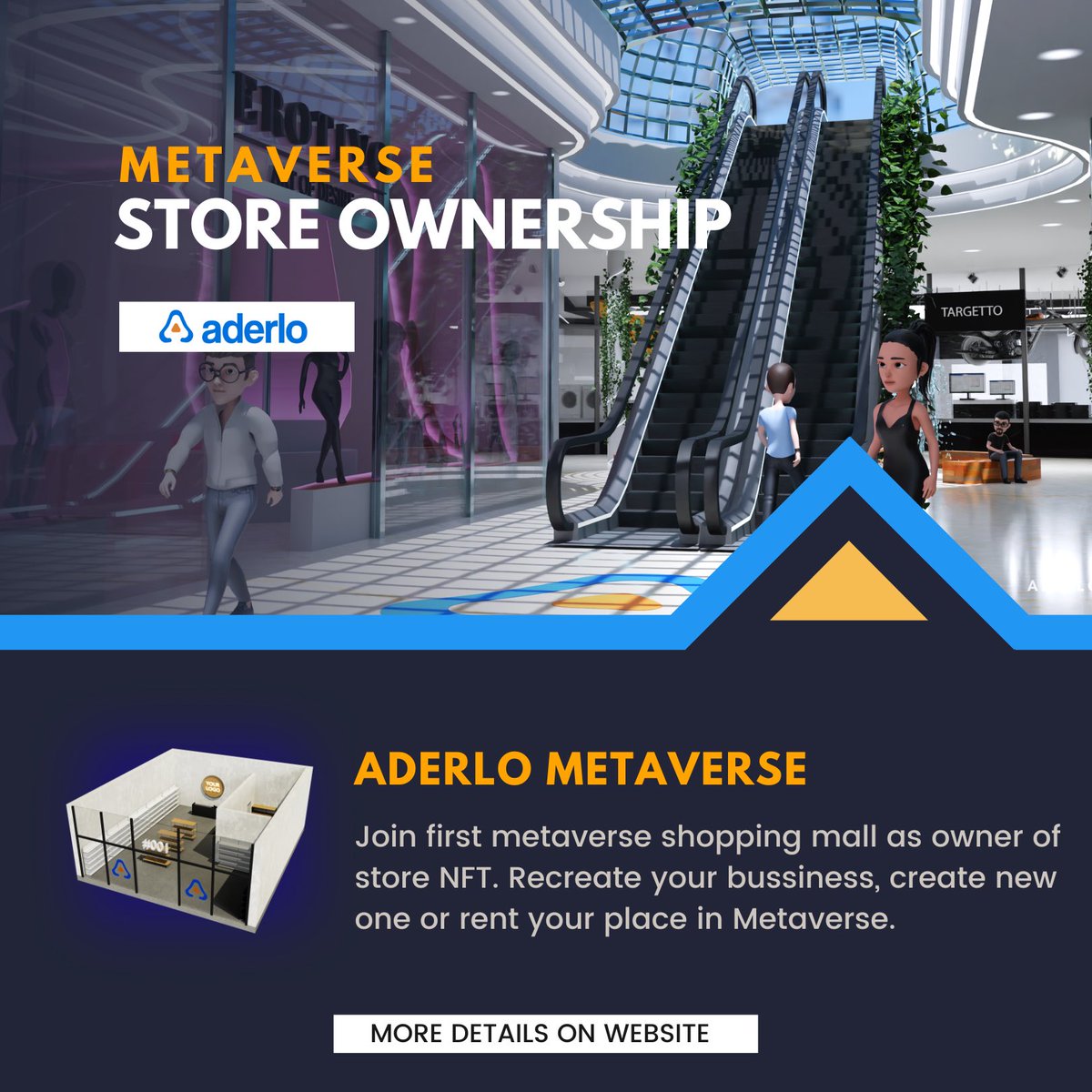 AderloMetaverse's tweet photo. Time to join first metaverse shopping mall with e-commerce marketplace.

Become owner of the first stores.
⬇️⬇️
https://t.co/Tt9cZIF91v

#ecommerce #metaverse #NFTsales https://t.co/ajy5Wwky47