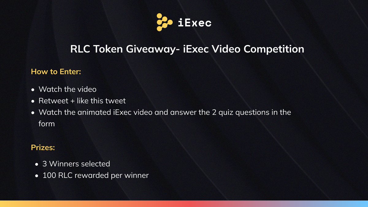 iEx_ec's tweet photo. 🎉CONTEST: WIN $RLC TOKENS

The iExec Web3 Marketplace animated video just reached 100k views! 

To show our appreciation and celebrate this milestone, we're giving away $RLC to 3 lucky winners!

To enter, follow the steps below &amp; fill out this form: 
https://t.co/fIMUlpTJxH https://t.co/yQajIWADDU