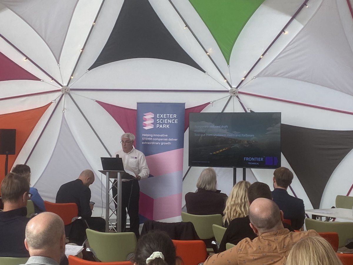ExeterSciencePk's tweet photo. Trevor from Frontier Technical (based at @PlymSciencePark) continues our day at #ExeterNetZero with a talk on energy.
Frontier Technical aims to reduce reliance upon fossil fuels with a practical, sustainable, & cost-effective cycle of sustainable floating energy systems. https://t.co/q0sa8kBn30