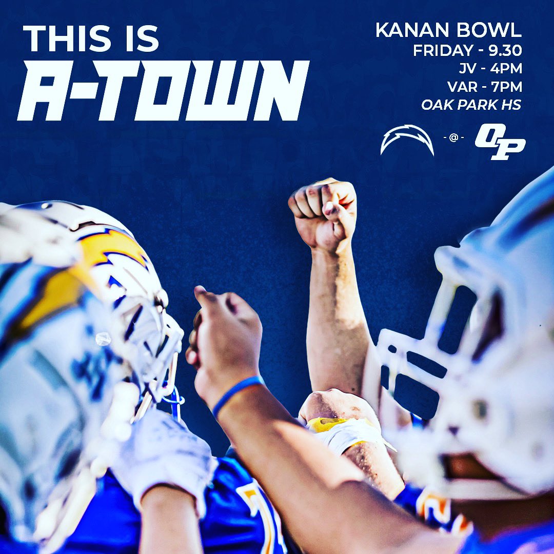 Atownfootball's tweet photo. Kanan Bowl Friday night.
⚡️🏈 A-Town on 3! Tickets at https://t.co/Ay5qU0vR4p 
@CoachCroick @AHS_Chargers @TheAcornSports #BeLikeCarter #brickbybrick https://t.co/EXlLW7fQSV