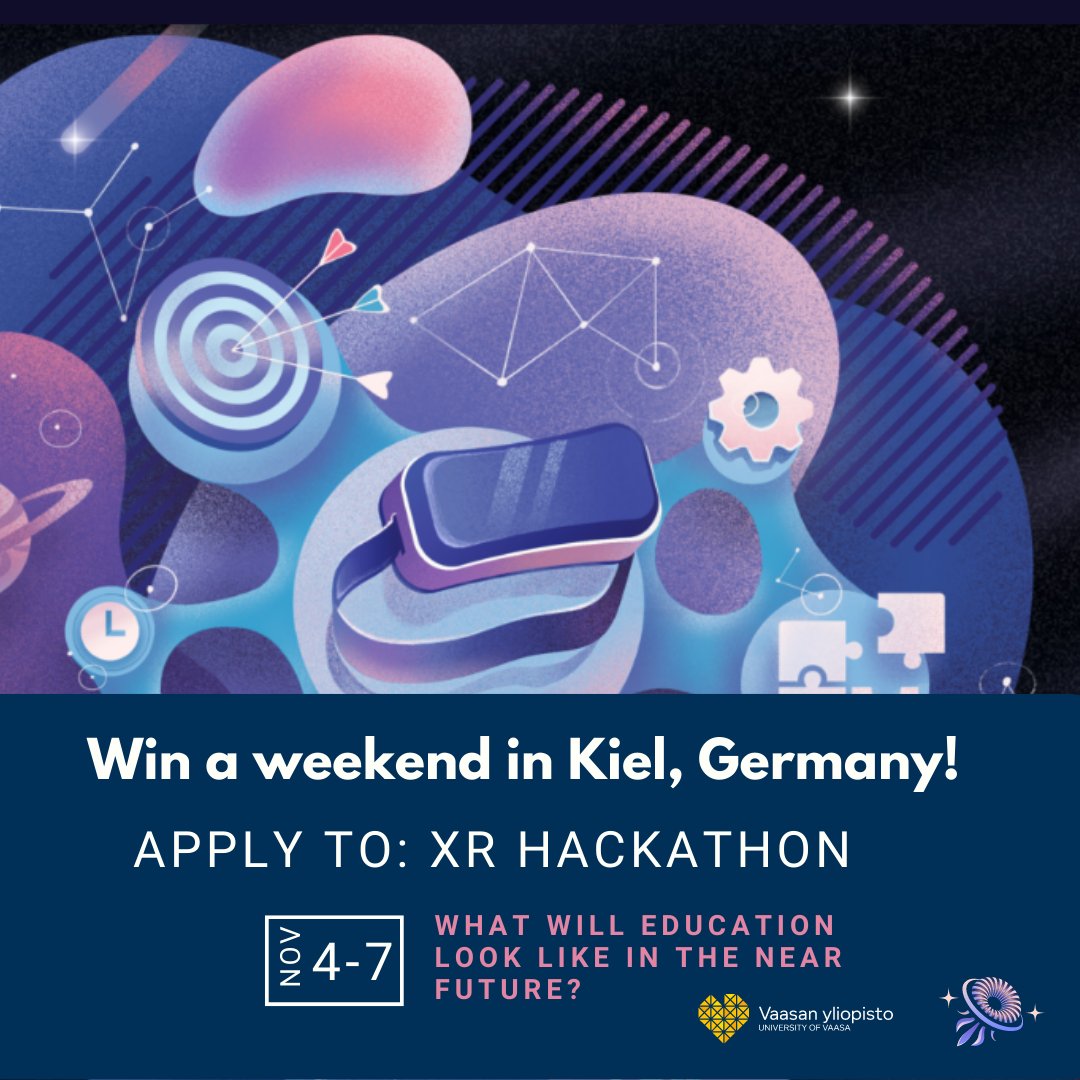 vmevaasa's tweet photo. Opiskelijat! Onko teillä kunnianhimoisia näkemyksiä koulutuksen tulevaisuudesta? 🧠✨

Voitte voittaa viikonlopun Kielissä jakaaksenne nämä ideat XR Hackathonissa 4.-7.11.2022 ✈️🏨😊

Hae tästä - https://t.co/7pHhdRL5CR (hakuaika päättyy torstai 13. lokakuuta) https://t.co/sJMkU8BMm0