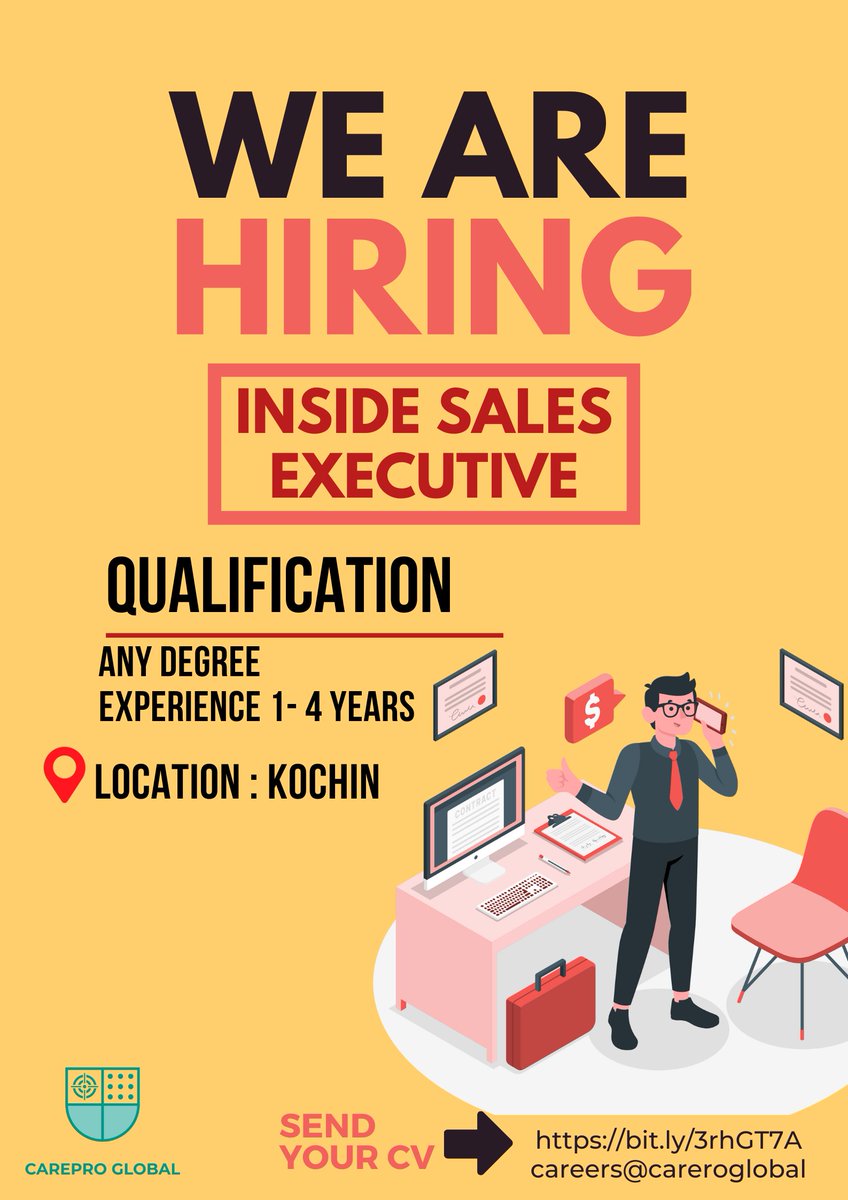 CarePro_Global's tweet photo. hiring Inside sales executive for kochin location. interested candidates can share their CV in the link mentioned : https://t.co/PQxwKneh7l
#salesexecutive #sales #hiring #salesandmarketing #jobsearch #jobs #salestips #salesforce #b #salesmanager #salesstrategy #marketing https://t.co/0aYrqlfGrP