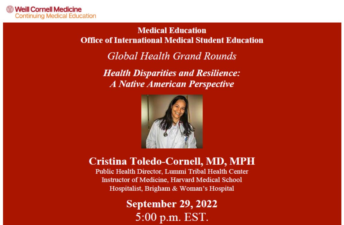 Join us on TODAY, 9/29/22, at 5pm (EST) for Dr. Cristina Toledo-Cornell's talk on Health Disparities and Resilience For Zoom link, email sab2025@med.cornell.edu #healthdisparities #resilience #NativeAmericans @weillcornell @WCMDeptofMed @WCM_ID