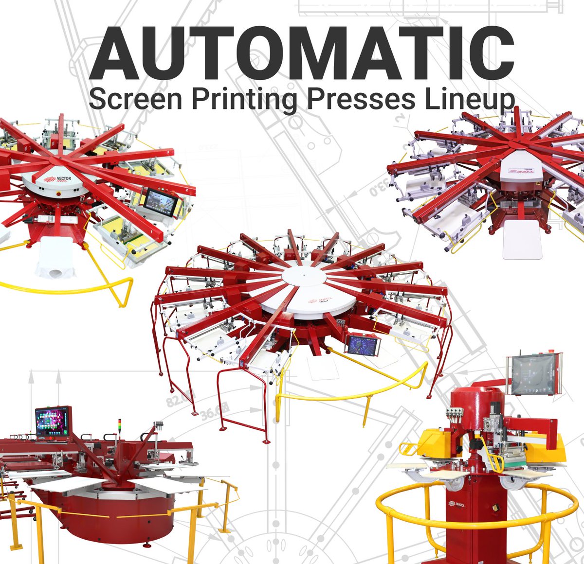 AnatolEquipment's tweet photo. Our complete lineup of automatic screen printing presses, for shops of all types and sizes! Whether you’re printing oversized designs or tags, in a home-based shop to a large industrial operation and anything in between, we have a reliable, efficient solution for you. https://t.co/5Pgp0U4yBP