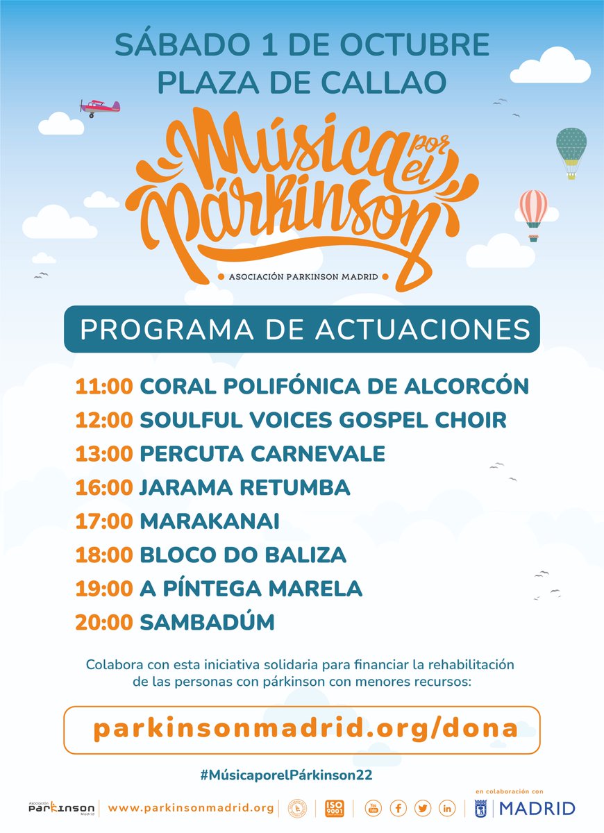 🎼Este sábado, la plaza de Callao acogerá nuestro #MúsicaPorelPárkinson2022 con estos grupos solidarios:

🔰<a href="/polialcor/">Coral Alcorcón</a>
🔰Soulful Voices Gospel Choir
🔰<a href="/PercutaCarneval/">PercutaCarnevale</a> 
🔰<a href="/JRetumba/">JaramaRetumba</a> 
🔰<a href="/marakanai/">Marakanai</a> 
🔰<a href="/BlocodoBaliza/">Bloco do Baliza</a> 
🔰<a href="/APintegaMarela/">A Píntega Marela</a> 
🔰<a href="/sambadum/">Batucada Sambadum</a> 

🤝Gracias distrito Retiro <a href="/MADRID/">Ayuntamiento Madrid</a>