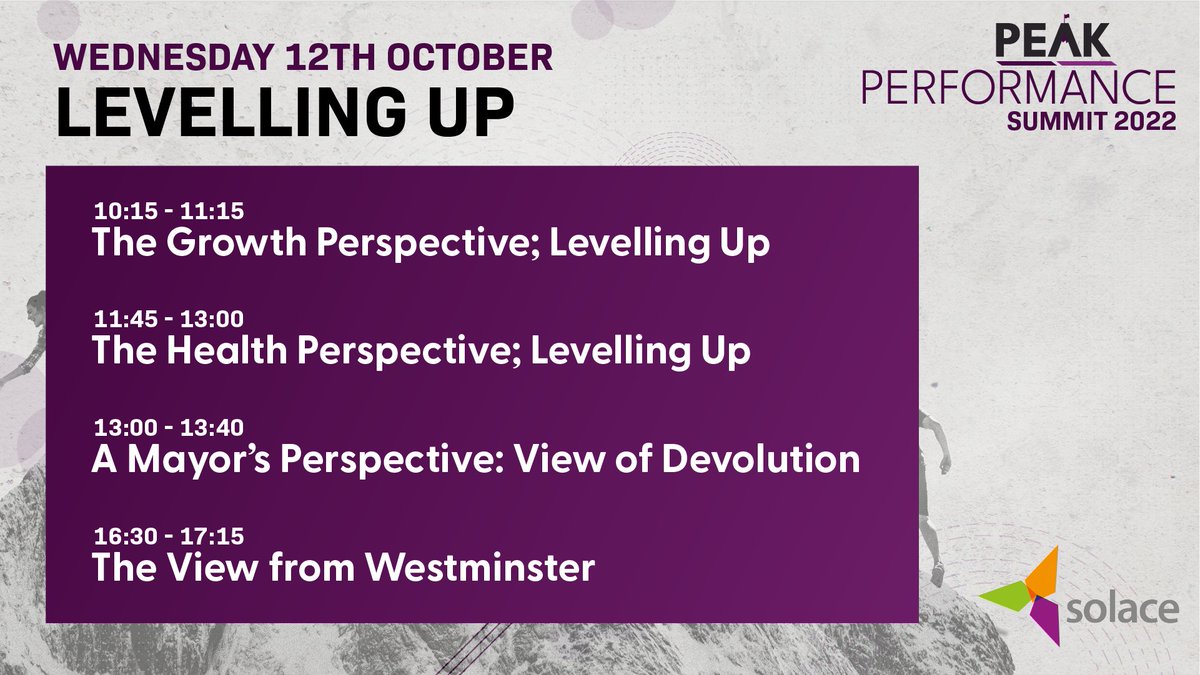 On day 1 of #SolaceSummit22 we'll be taking an in-depth look at #LevellingUp &amp; what it means from a range of perspectives. Our expert speakers will discuss #Growth #Health #Devolution &amp; the View from Westminster. For more info, head to our dedicated site:  bit.ly/3RM1RqM