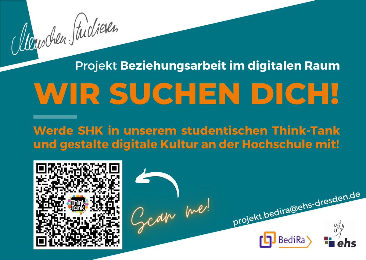 BediRa_ehs's tweet photo. Das Projekt Beziehungsarbeit im digitalen Raum (BediRa) sucht wieder studentische Hilfskräfte, um im Think-Tank digitale Kultur an der Evangelischen Hochschule Dresden mitzugestalten 📢🧘‍♀️📽️ - join us!👋
https://t.co/PSjB1RCB9A https://t.co/OZuhMqjeHL