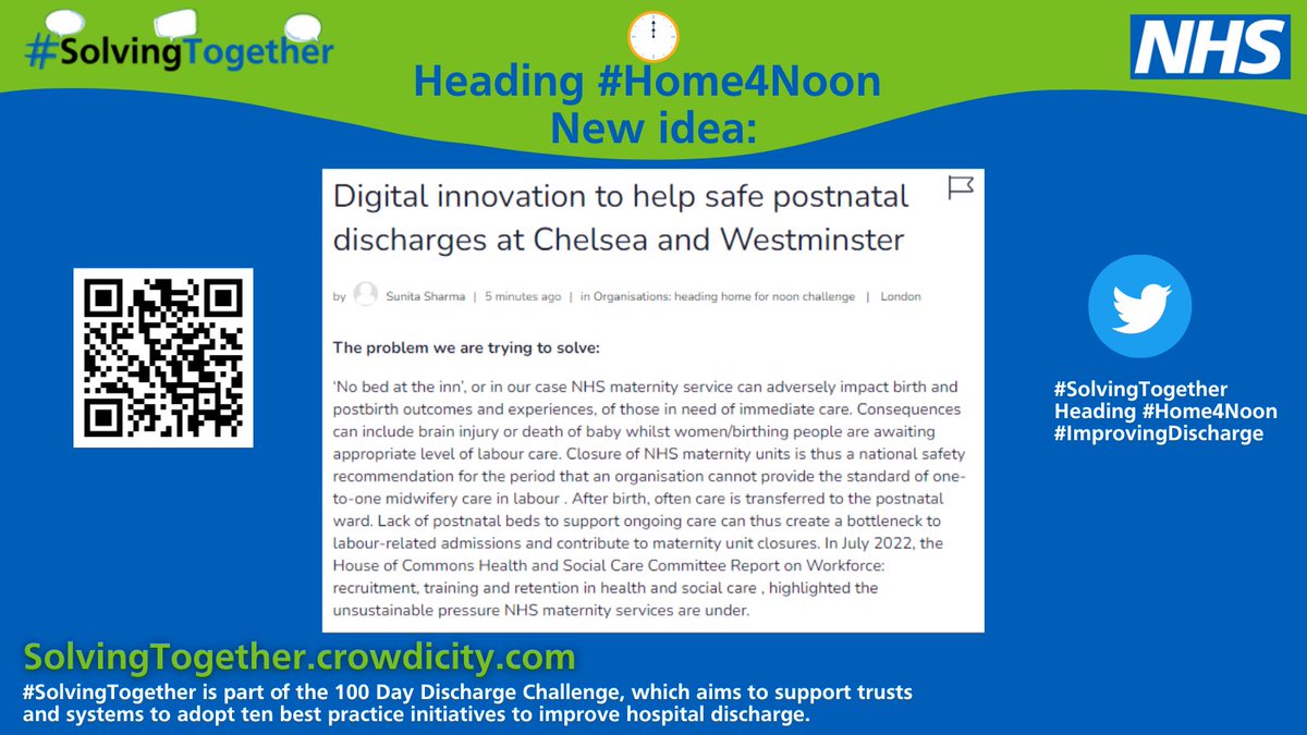 NHS Horizons (@horizonsnhs) on Twitter photo Are you are interested in safe postnatal discharge and would like to have your say on #ImprovingDischarge❓
Join <a href="/SunitaS2016/">Sunita Sharma</a> on the Heading #Home4Noon challenges on #SolvingTogther💬
Read Sunita's idea on the link below and share your thoughts 💙➡️solvingtogether.crowdicity.com/post/3817137?s… Are you are interested in safe postnatal discharge and would like to have your say on #ImprovingDischarge❓
Join <a href="/SunitaS2016/">Sunita Sharma</a> on the Heading #Home4Noon challenges on #SolvingTogther💬
Read Sunita's idea on the link below and share your thoughts 💙➡️solvingtogether.crowdicity.com/post/3817137?s…