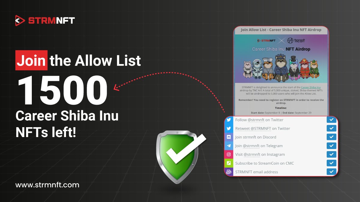 AngryMonkyNFT's tweet photo. 🐶A total of 1,500 #CareerShibaInu NFTs are left to be claimed.

🔥The last airdrop round is coming soon!

🪂Missed out on the airdrop? Join Allow List now: https://t.co/PIJyTPnicq

#STRMNFT #STRMNFTmarketplace #AirdropAlert #NFTgiveaway #NFTcommunity https://t.co/DAoDLuceLl