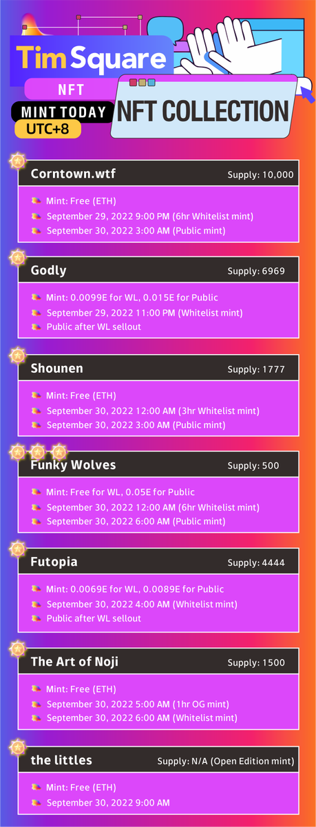 Doge Camp (@doge_camp) on Twitter photo NFT Collection mint on Sep29-Sep30πβ° DYOR!
<a href="/corntownwtf/">Corntown</a>
<a href="/TheGodlyNFT/">πΎππ»ππ βπΌπΉπββ | FREE MINT IS LIVE!</a>
<a href="/SHNJidai/">SHOUNEN</a>
@FunkyWolves
@FutopiaNFT
<a href="/thenojiverse/">The Art of Noji</a>
<a href="/thelittlesnft/">the littles</a>
#NFTs #MintingNow #NFTCommuntiy NFT Collection mint on Sep29-Sep30πβ° DYOR!
<a href="/corntownwtf/">Corntown</a>
<a href="/TheGodlyNFT/">πΎππ»ππ βπΌπΉπββ | FREE MINT IS LIVE!</a>
<a href="/SHNJidai/">SHOUNEN</a>
@FunkyWolves
@FutopiaNFT
<a href="/thenojiverse/">The Art of Noji</a>
<a href="/thelittlesnft/">the littles</a>
#NFTs #MintingNow #NFTCommuntiy