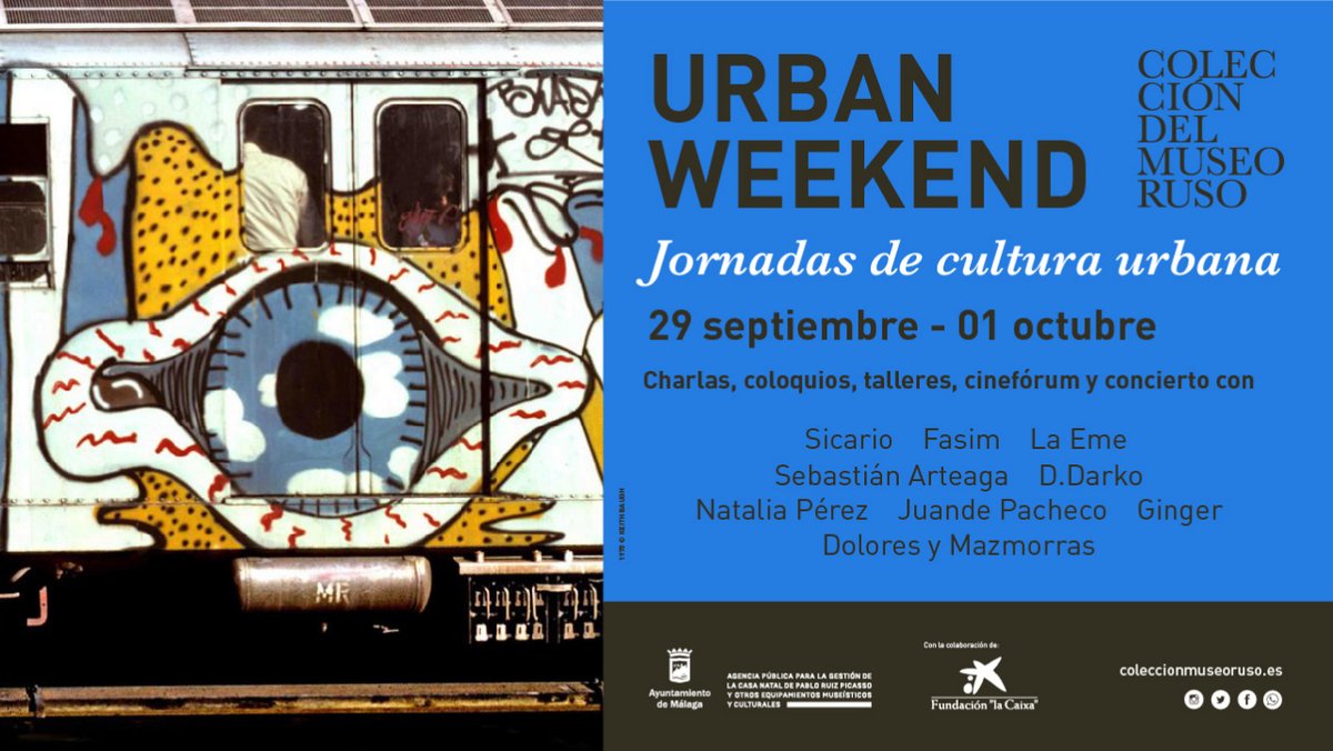 museorusomalaga's tweet photo. ¡Mañana tienes una cita en #UrbanWeekend!
🎦16:00: Cinefórum con la proyección de 'Exit through the gift shop' (2010). Intervienen: D.Darko y Natalia Pérez.
➡️18:00: 'Más allá de los muros. El #parkour o la ciudad como soporte', con Tayzen.
+INFO
https://t.co/GIGpvAMLfp https://t.co/0j7t3ak4dz