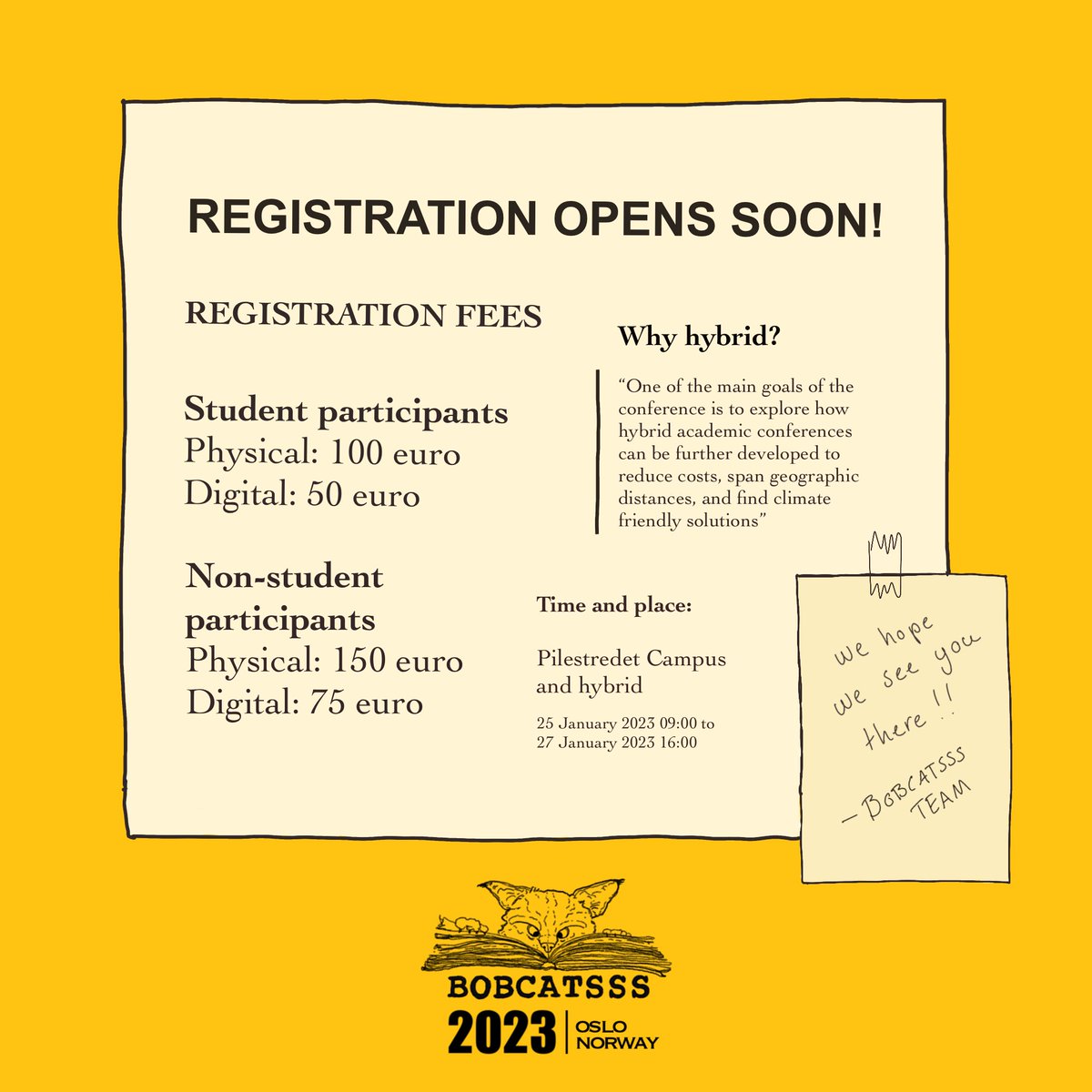 bobcatsssoffice's tweet photo. Registration opens soon! 
 
Info on the fees etc. will also be found in the comment section below ✏️
 
#infolit #bobcatsss #bobcatsss2023 #ischools #infoscience #librarytwitter https://t.co/6tea2WkqWw