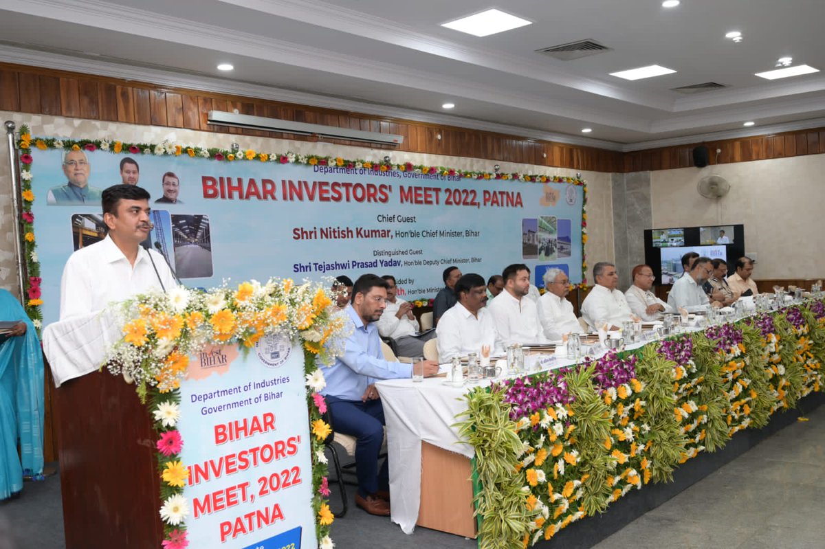 SandeepPoundrik's tweet photo. Investor Meet at Patna organised successfully with Hon CM as Chief Guest. Hon Dy CM, Finance &amp; Industry Ministers, CS, DGP &amp; Dev Comm were also present with senior officers. MDs/CEOS from many companies attended. Hon CM and Dy CM assured of full support from Govt. for investors. https://t.co/MeAuqbIzBU