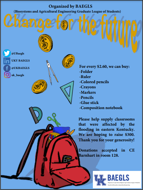 UBaegls's tweet photo. Consider donating to our "Change for the Future" fundraiser for classroom supplies! The supplies will be going to a school in Eastern Kentucky that was impacted by the flooding. The last day to donate is Oct. 7th. The collection jar is on Shelley's desk in Barnhart. https://t.co/mgOw0IIJmW