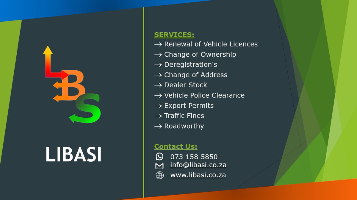LBSLibasi's tweet image. Contact us for more information on our Services.
SERVICES:
- Renewal of Vehicle Licences
- Change of Ownership
- Deregistration&apos;s
- Change of Address
- Dealer Stock
- Vehicle Police Clearance
- Export Permits
- Traffic Fines
- Roadworthy

#vehiclelicences #deregistrations