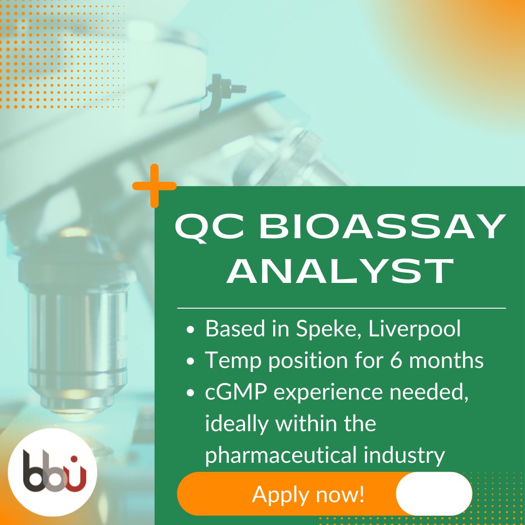 New temporary position based in #Speke
Do you have a background in cGMP, ideally within the pharmaceutical industry?
Are you familiar with various #QC testing techniques?
This QC Bioassay Analyst could be for you!
Apply easily here: bburecruit.com/jobs/qc-bioass…
⚫️ ⚪️ 🔴
#bbu #vacancy