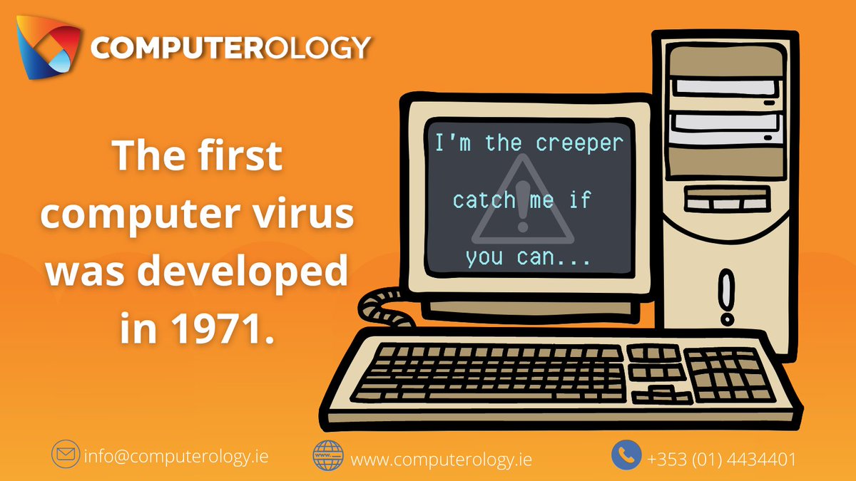 Computerologyie's tweet photo. Did you know the first-ever computer virus, “creeper”, was developed in 1971?

It was created as an experiment to see how it could spread between computers and displayed a message, “I’m the creeper, catch me if you can!”

#TechFactsThursday
https://t.co/XmLKMstWnL https://t.co/LHy1qB9nBD