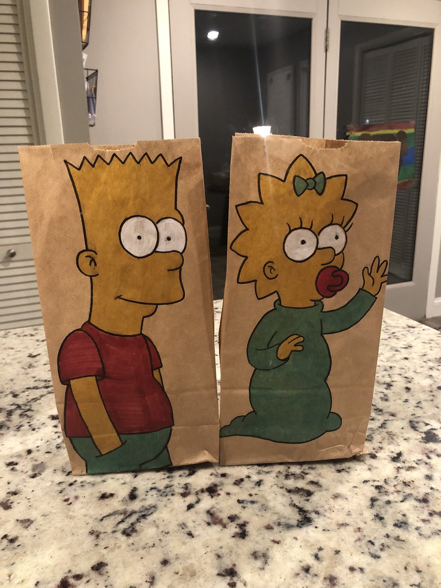 PbutterJustice's tweet photo. Today’s lunch bags are Bart and Maggie Simpson. Our kids having really gotten into the show over the last year and it’s been fun watching it from the beginning. https://t.co/yRXksGE04e