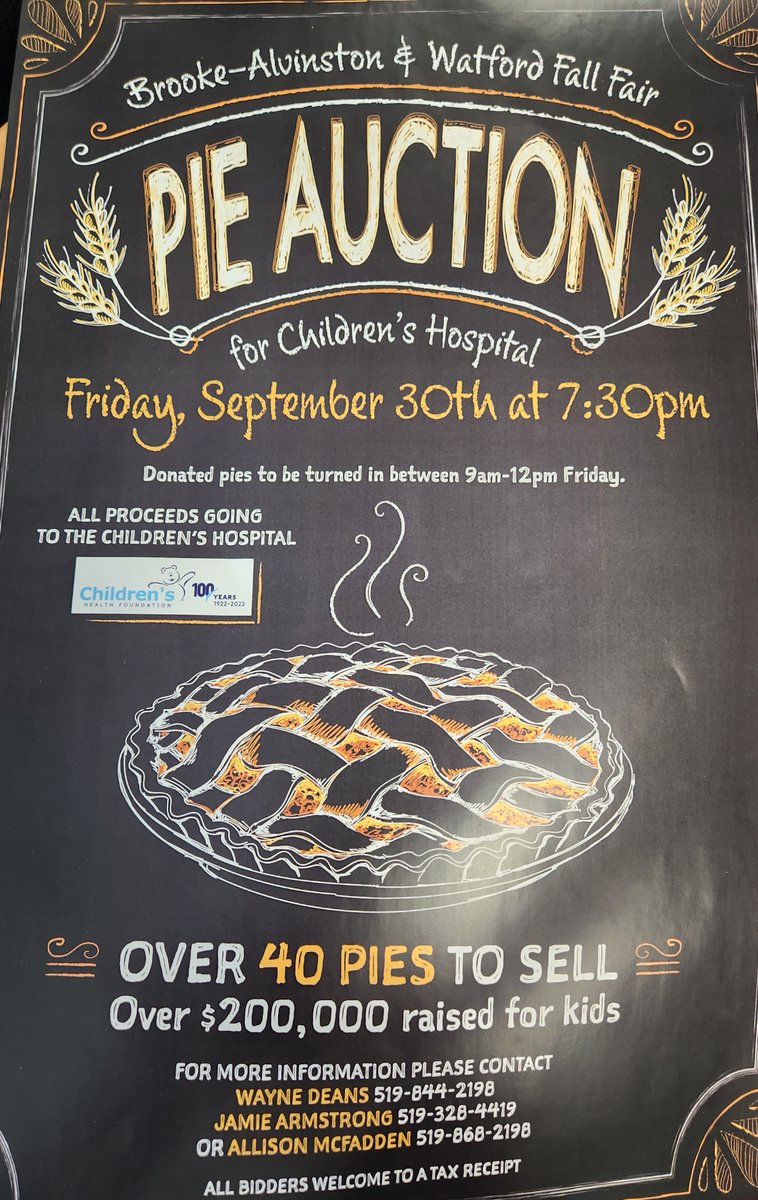 Don't forget to support the Pie Auction for Children's Hospital, this Friday, Sept. 30th, 7:30pm at the Alvinston Arena. Great pies &amp; a great cause. CanGrow will be there to bid you up and donate!