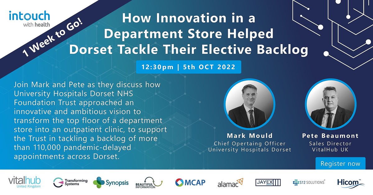 VitalHub UK (@vitalhubuk) on Twitter photo 1 week until the start of our Patient Flow Transformation Webinar Series
<a href="/Intouchflow/">Intouch with Health</a> | How Innovation in a Department Store Helped Dorset Tackle Their Elective Backlog
Date: 5th Oct at 12.30pm
Register: lnkd.in/eR8py78U
#patientflow #outpatients <a href="/VitalHubUK/">VitalHub UK</a> 1 week until the start of our Patient Flow Transformation Webinar Series
<a href="/Intouchflow/">Intouch with Health</a> | How Innovation in a Department Store Helped Dorset Tackle Their Elective Backlog
Date: 5th Oct at 12.30pm
Register: lnkd.in/eR8py78U
#patientflow #outpatients <a href="/VitalHubUK/">VitalHub UK</a>
