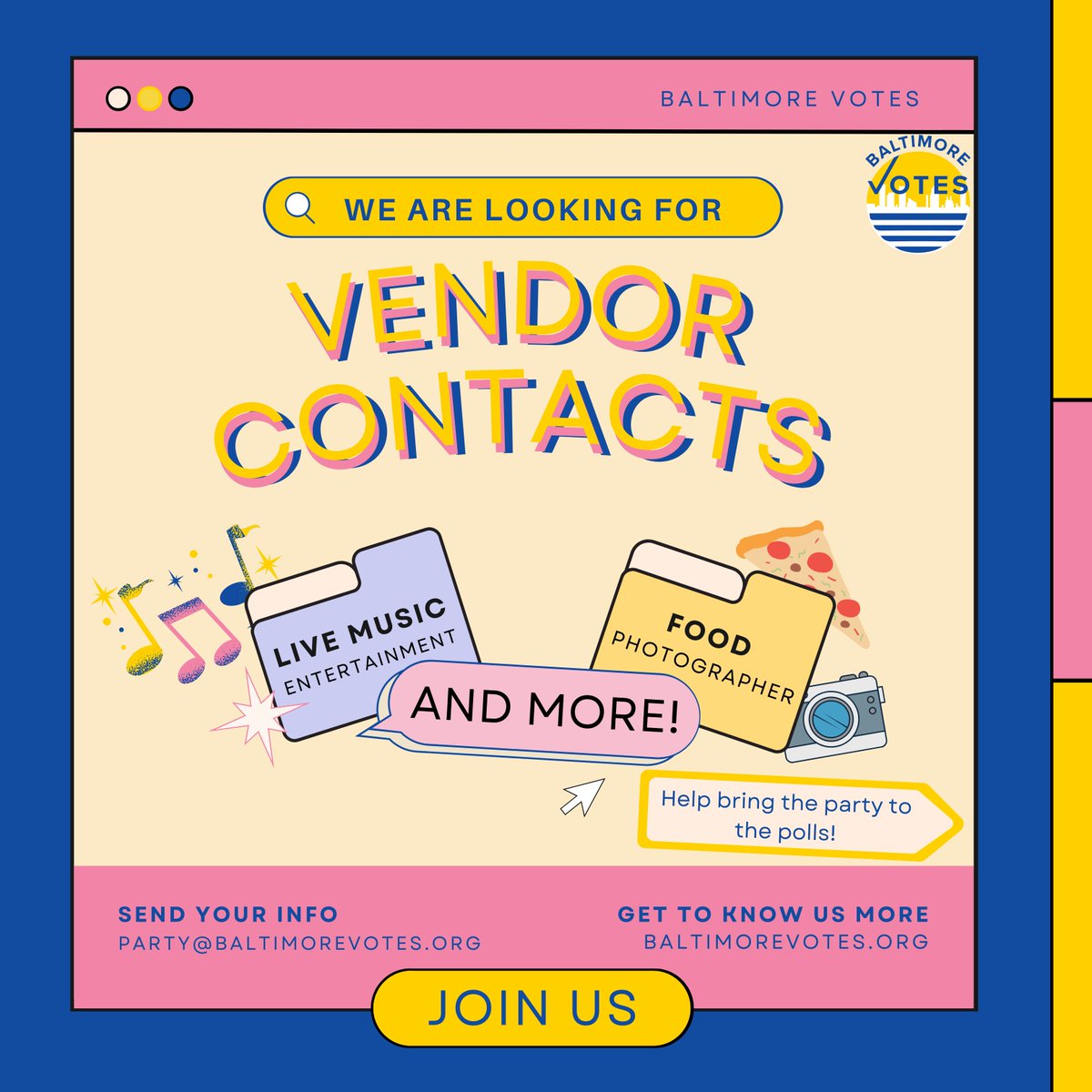 Baltimore_Votes's tweet photo. Baltimore Votes is currently looking for vendors to participate in our Party at the Polls events!
Help bring fun to the polling place with live music, food, and other entertainment!
Interested? Email party@baltimorevotes.org for more info! #BaltimoreVotes #MDElection https://t.co/LxLaNorQwJ