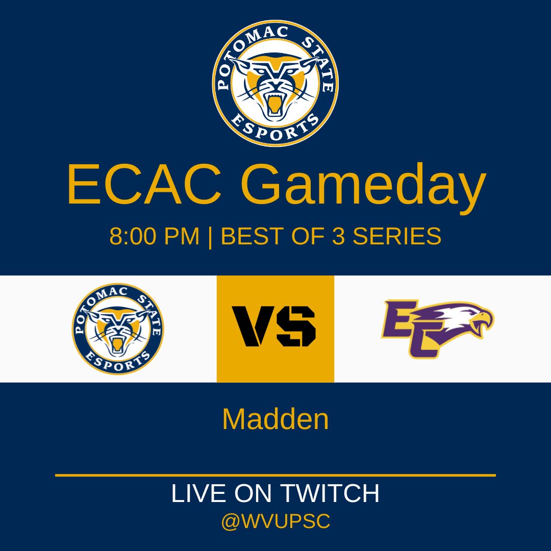 WVUPSCEsports's tweet photo. Tune in tonight at 8:00 PM as Madden kicks off their ECAC season against @elmiraesports C!

Stream: https://t.co/0eQdqzQG51 https://t.co/038bMbbs6t