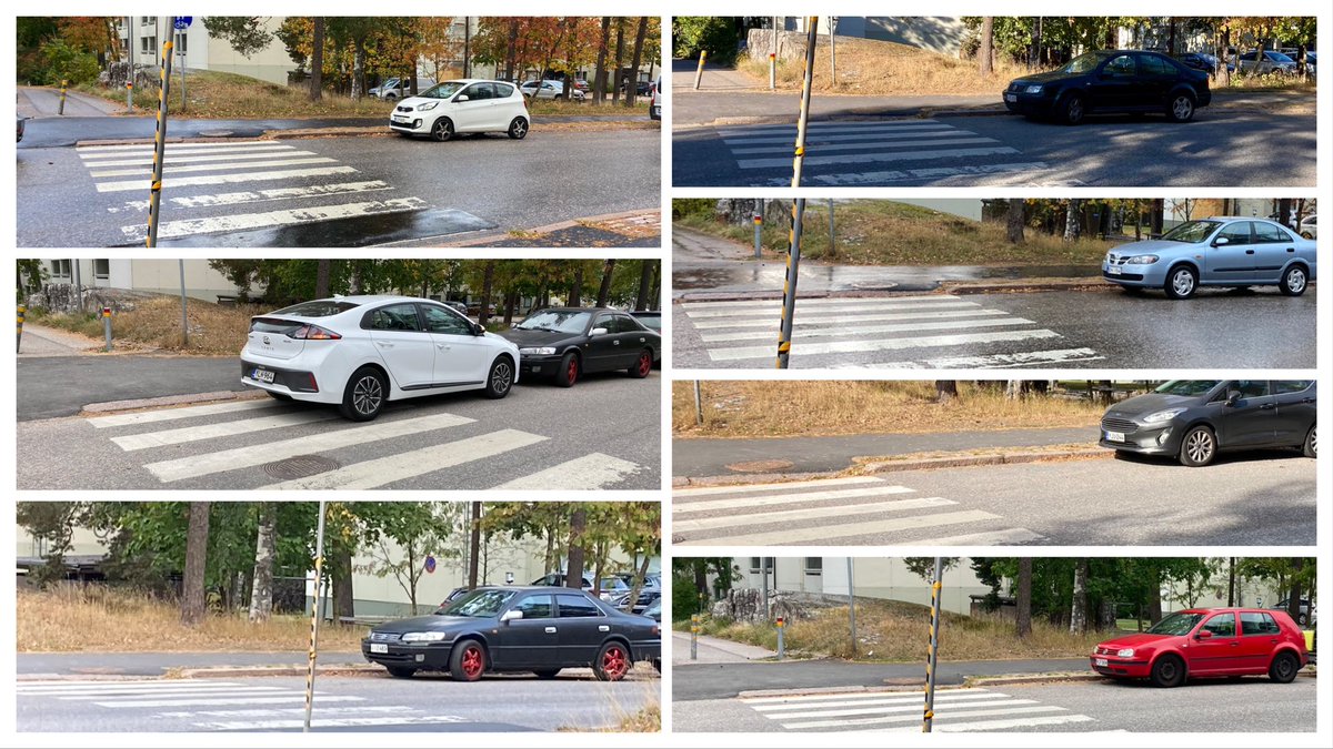 AnnaMelgin's tweet photo. Miksi suojateiden eteen ei merkitä sitä 5 m:n rajaa, jonkinlaista suojavyöhykettä @HelsinkiKymp? Tavallisella asuinkadulla alkanut olla jatkuvasti tällaista (kuvat 8–9/22). Leveällä suoralla tiellä myös ajetaan sallittua (30 km/t) kovempaa. Huolettaa. #liikenne https://t.co/prEXmHPvLX