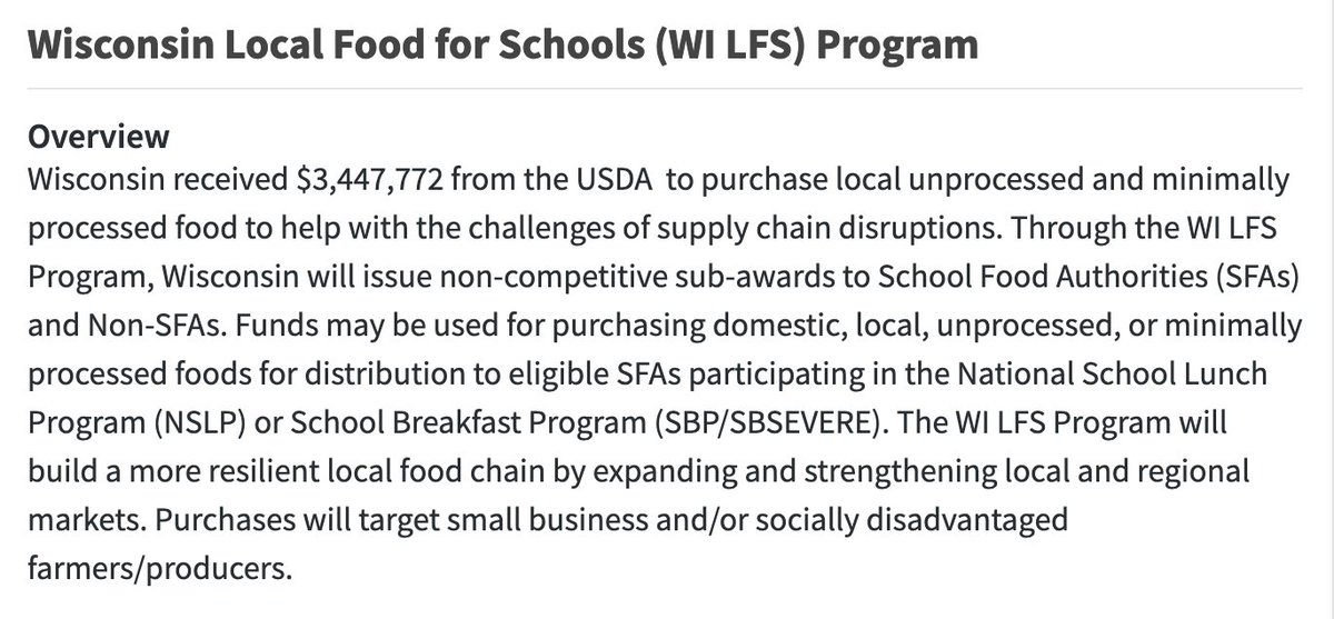 Local Food For Schools Funding👇 Wisconsin will issue non-competitive sub-awards to School Food Authorities (SFAs) and Non-SFAs. Funds may be used for purchasing domestic, local, unprocessed, or minimally processed foods. Grants due 10/18/22. dpi.wi.gov/sites/default/… @WisconsinDPI