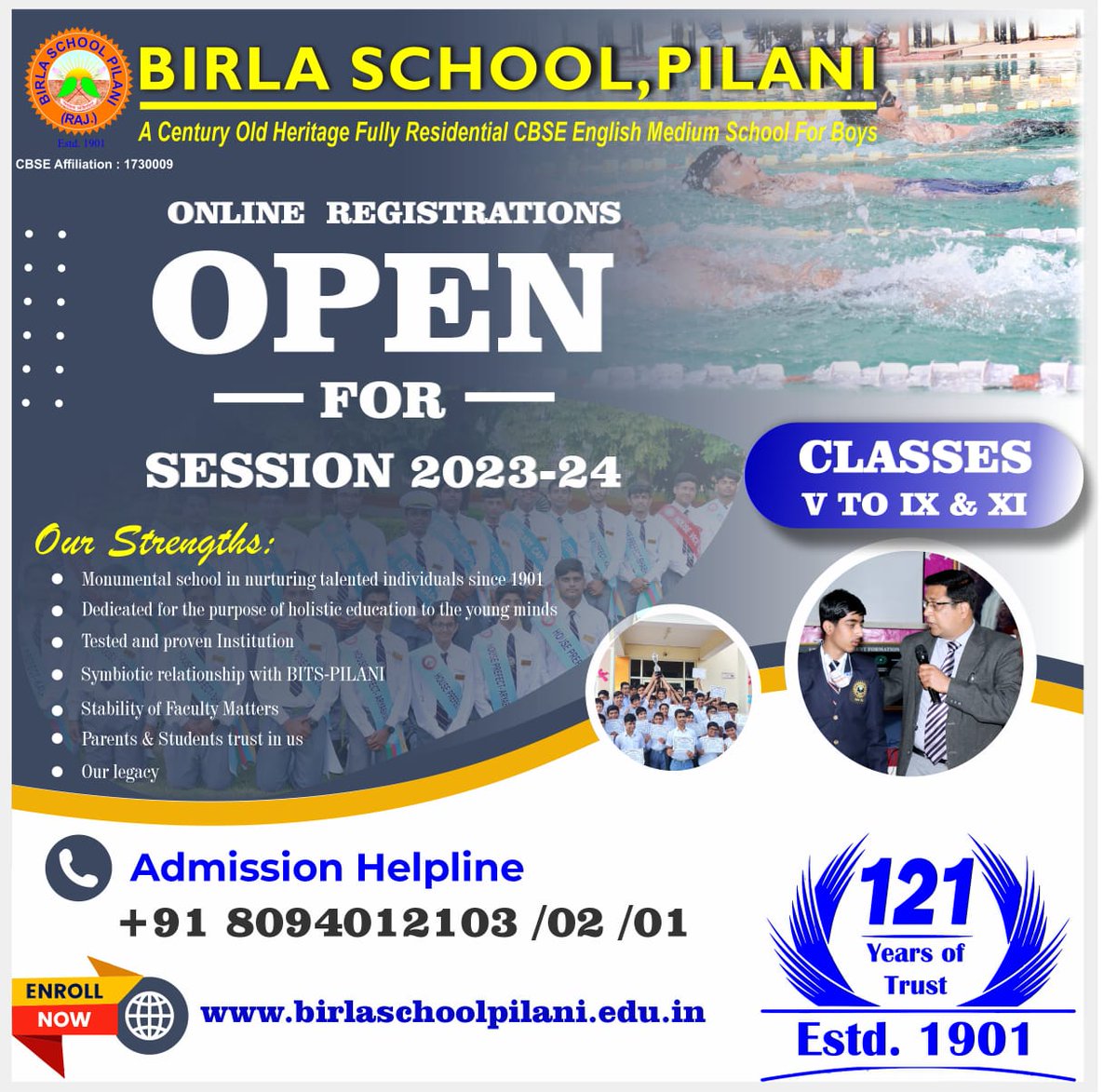 "To #Embark on a #Voyage of #Learning"

#ONLINE
#REGISTRATIONS
 #OPEN FOR THE 
#Session 2023-24 ..
in BIRLA SCHOOL, PILANI situated in the heart of  #Education #Hub  #PILANI .

#admission2023 #admission #boardingschoolforboys #register #birlaschoolpilani
#bspian <a href="/betpilani/">Birla Education Trust</a>