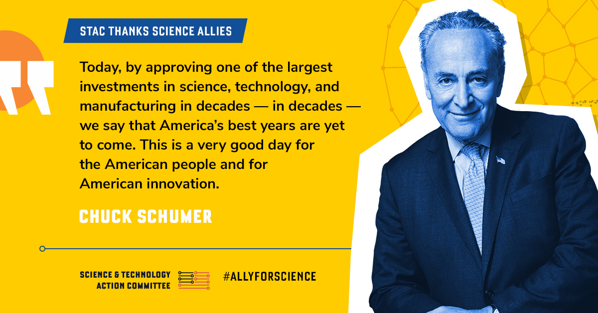 SciTechAction's tweet photo. Congress's commitment to reenergizing America’s efforts in science &amp; technology strengthens our capabilities to innovate and create, keeping the U.S. competitive in the years ahead. Thank you, @SenSchumer for being an #AllyForScience. Let’s secure funding! https://t.co/9slfUd1t0u https://t.co/iSrxsOxvgJ