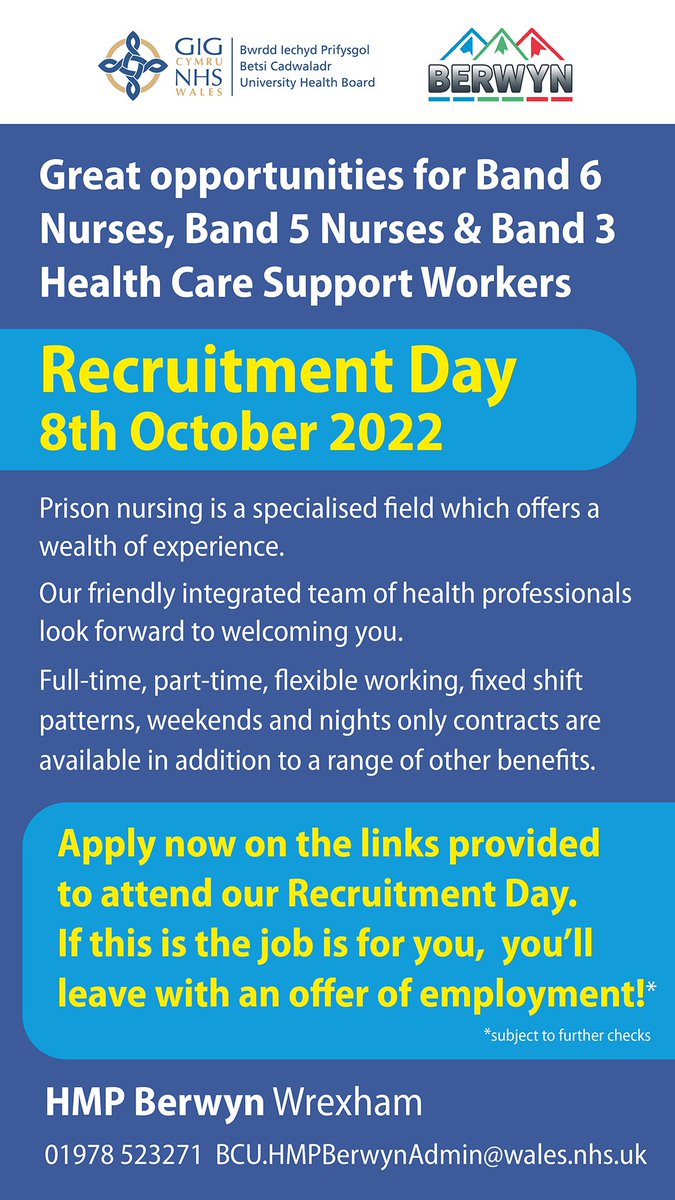 BCUPrisonHealth's tweet photo. Band 3 Healthcare Support Worker. Complete short application on link below to register your interest in Recruitment Day! @BetsiCadwaladr
@OfficialBerwyn @colegcambria @northwalesjobs https://t.co/40IwZO31C1 https://t.co/WdBh8YFyQA