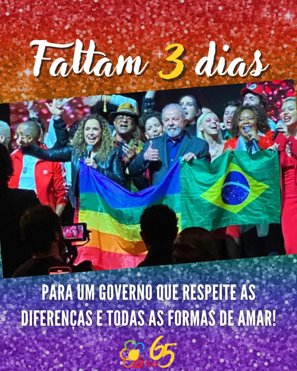 pcdob_oficial's tweet photo. Faltam 3 dias para (L)ula (G)overnar o (B)rasil (T)odo junto com o time do #PCdoB65 🏳️‍🌈❤️

É Lula 1️⃣3️⃣ contra o ódio, contra todas as formas de preconceito e desrespeito. 
.
.
#Vote65 #PCdoBcomLula #VamosJuntosPeloBrasil #Lula2022 #Lula #LulaPresidente https://t.co/ygwOV8Vnz9